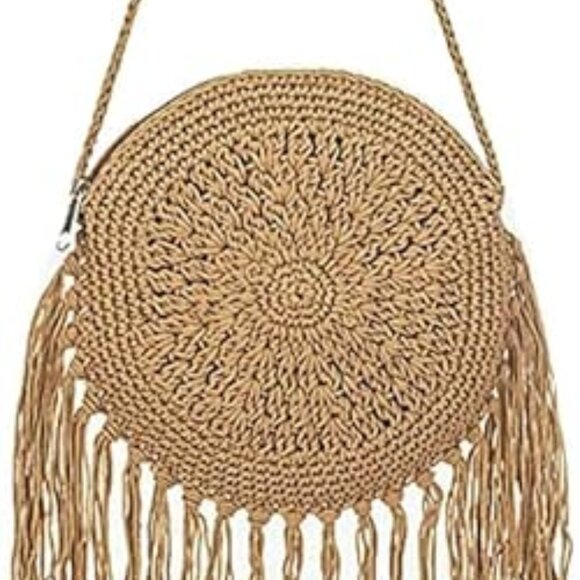 Boho Women Mini Fringed Round Cotton Crochet Cross-body Shoulder Bag - Picture 12 of 12